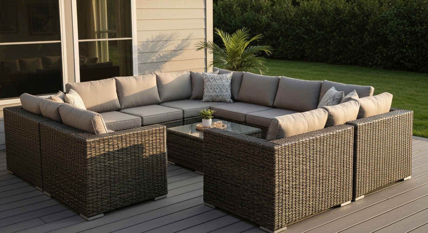 8-piece Niko-style modular resin wicker sectional on a patio with Sunbrella cushions, matte-black powder-coated aluminum frame, and a low coffee table.