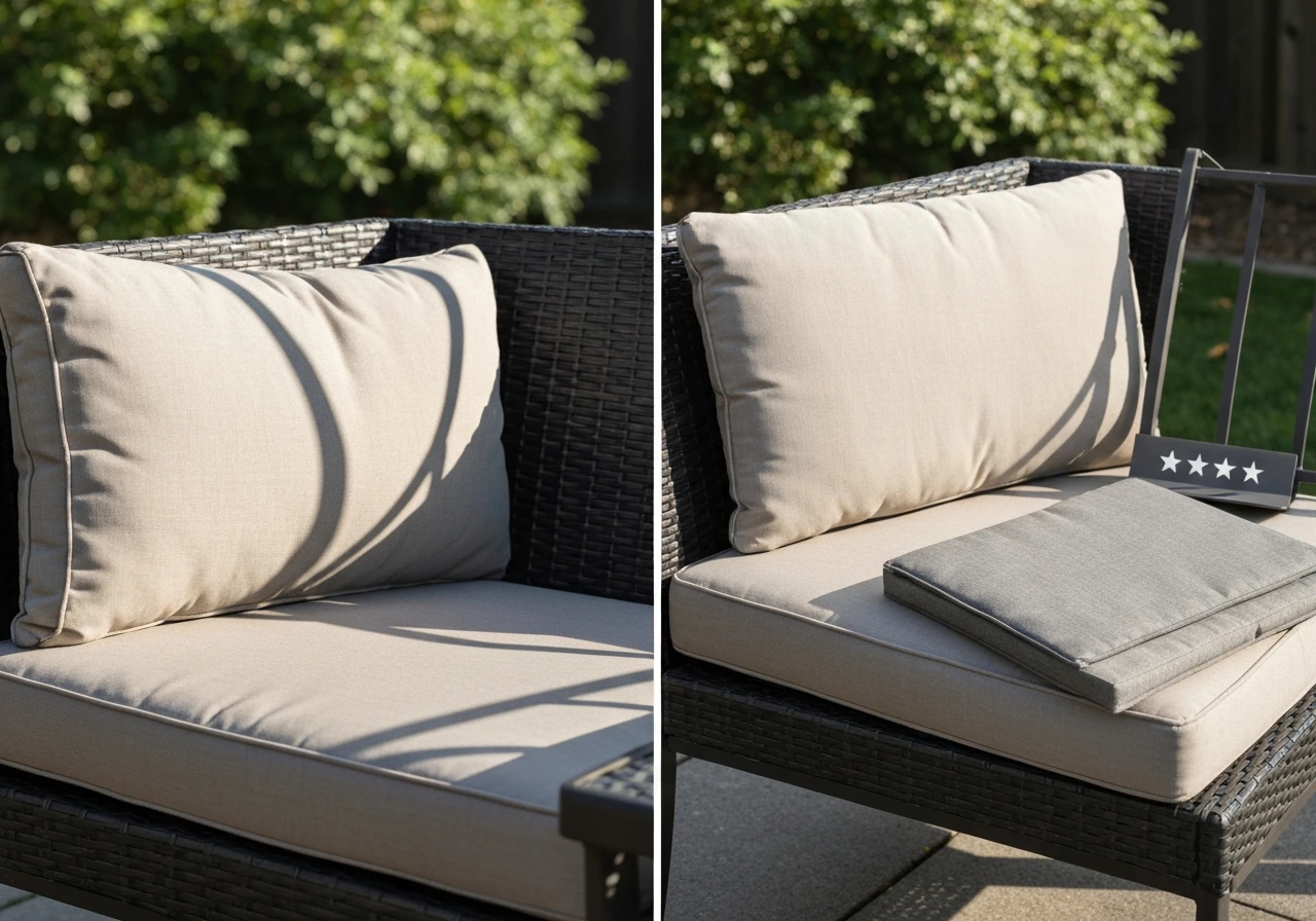 Split-view of backyard patio bench with installed cushions in one side and cushions removed in the other.