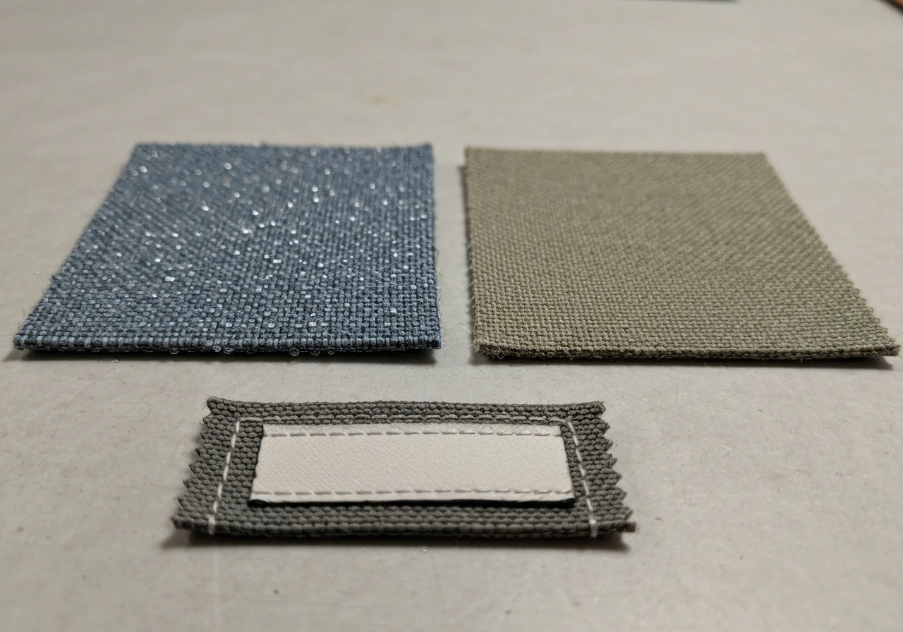 Close-up of outdoor woven fabric with water beading and a stitched seam area on a simple table.