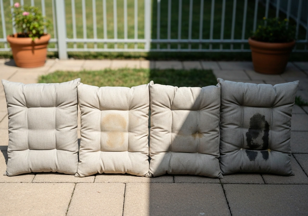 Four outdoor cushions side-by-side showing fresh, lightly faded, more faded, and mildew-risk aging in sun vs shade