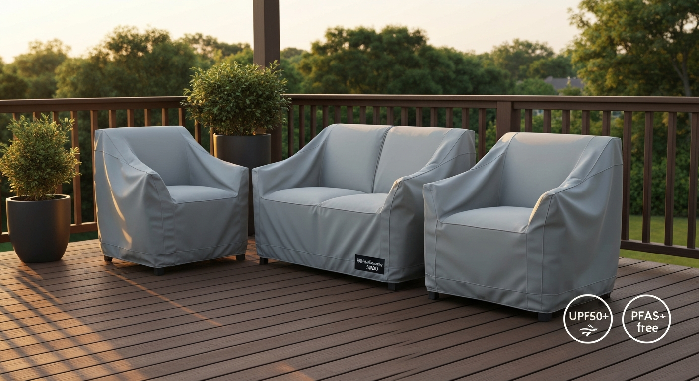 Covered loveseat and chairs on a wooden deck with light-gray tailored covers labeled RhinoWeave 300D; badges indicate UPF50+ and PFAS-free.