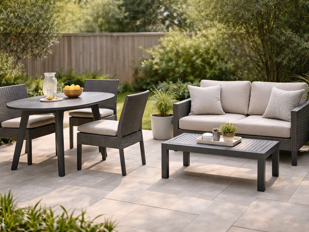 Modern outdoor patio seating set with aluminum frame and resin wicker in a simple backyard setting