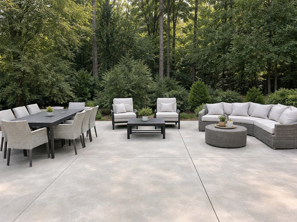 Side-by-side patio dining set, lounge chairs, and sectional on a clean outdoor patio in daylight