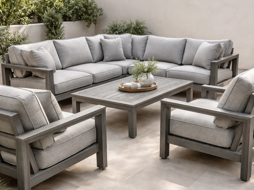 Deep grey outdoor lounge set with thick cushions and armrests arranged for comfortable conversation.