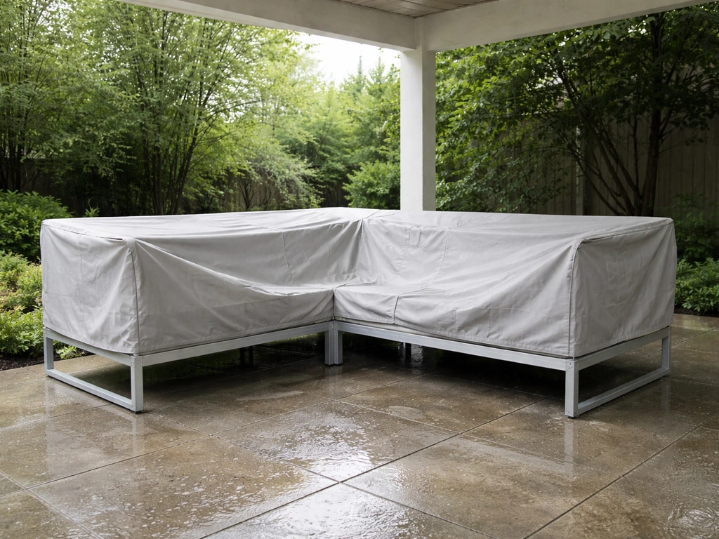 Outdoor aluminum furniture frame with cushions stored under a weather cover, slight rain moisture on patio.