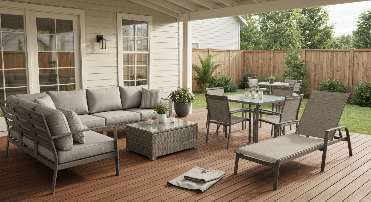 Covered backyard patio staged with sectional, dining set, chaise lounge, and bistro set — mid-range affordable patio furniture.
