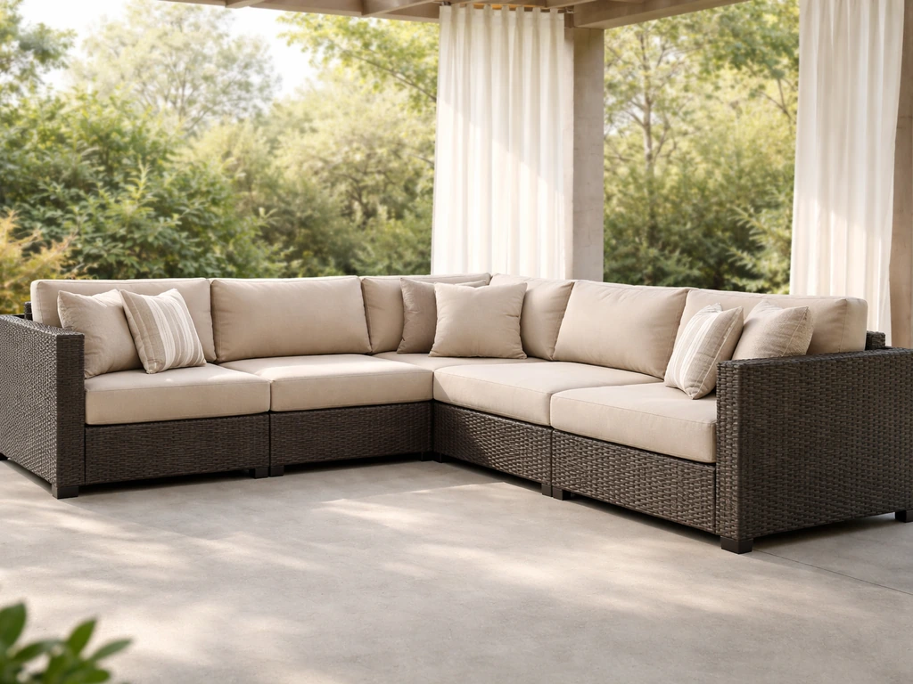 Modenzi-style patio sectional with neutral cushions on a covered patio, showing comfort and weather-ready materials.