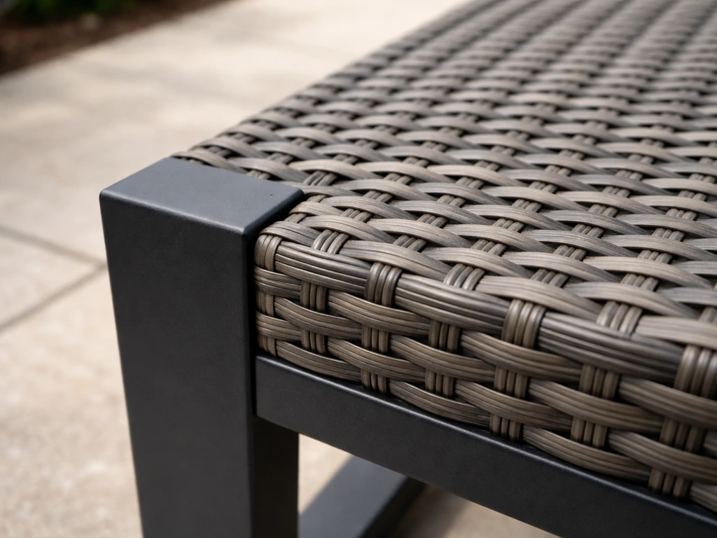 Close-up of wicker-look PE resin weave and powder-coated aluminum frame outdoors.