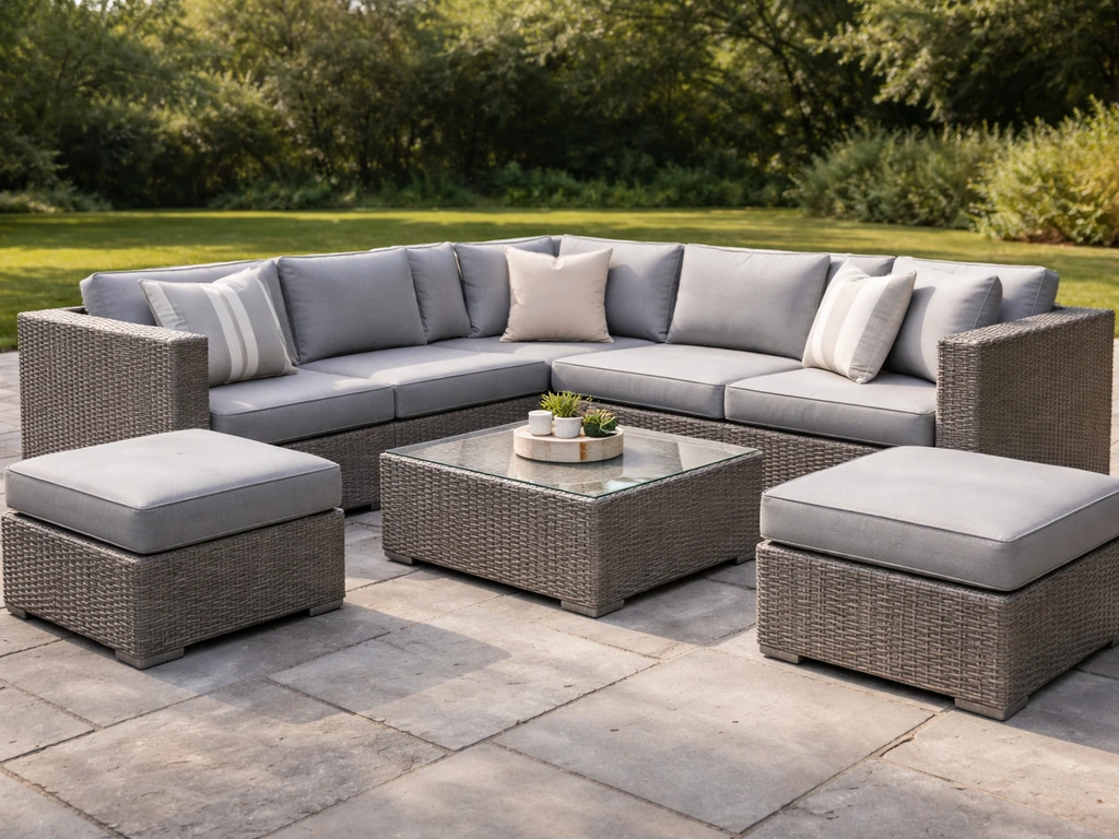 Grey wicker sectional pieces arranged on a patio, showing corner and middle sofa sections