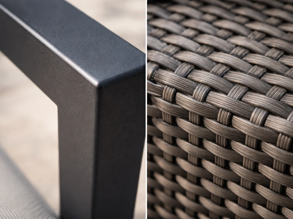Close-up of powder-coated aluminum frame finish beside PE resin wicker weave texture.