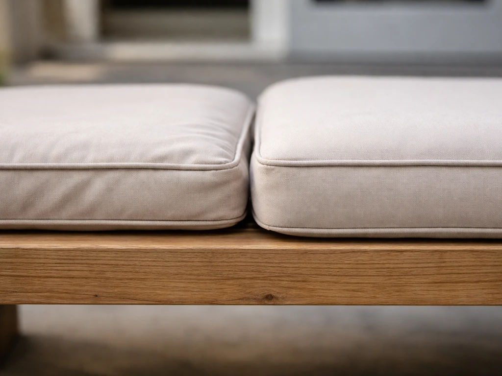 Side-by-side close-up of thin, compressed cushion padding versus thicker outdoor cushion profile on a bench.