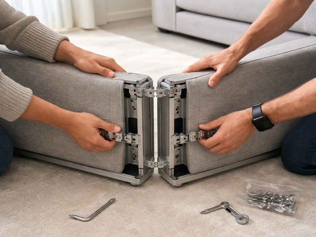 Two unseen workers’ hands aligning connector pieces while assembling a modular sectional on the floor.