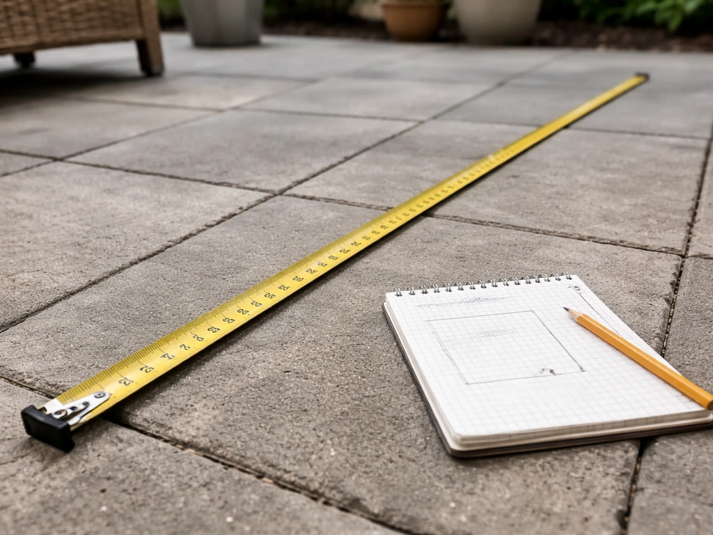Measuring tape laid across a patio space with product dimensions noted on a small notepad.