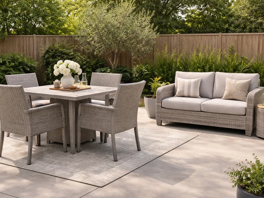 Outdoor patio with a dining set and lounge furniture arranged, showing quality cushions and durable frames.