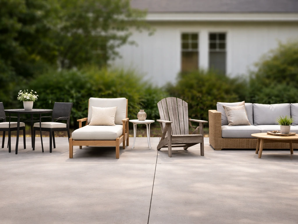 Split-style outdoor patio view showing different furniture types like dining, lounge, Adirondack, and sectional