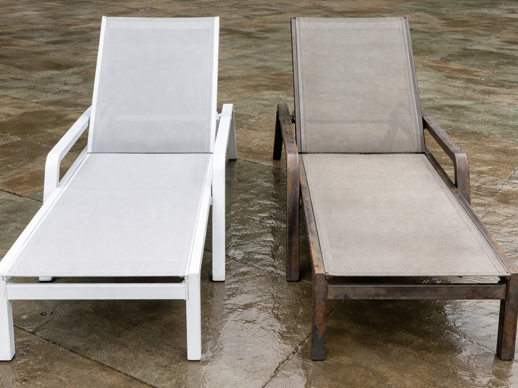 Two outdoor chairs side by side: powder-coated aluminum looks fresh beside rusted weathered steel.