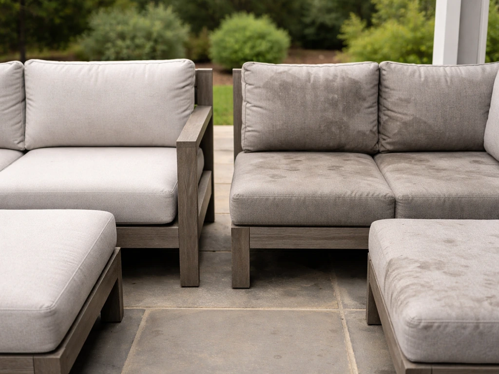 Outdoor cushions look waterlogged and sagging next to a sturdy, intact frame.