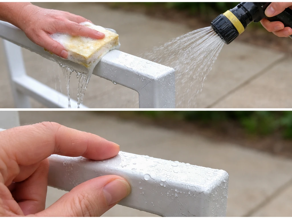Hands rinsing and inspecting a powder-coated aluminum chair frame for chips, with soapy water and droplets.