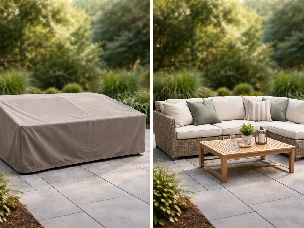 Weatherproof patio furniture cover in front, open cushions beside it on a clean patio