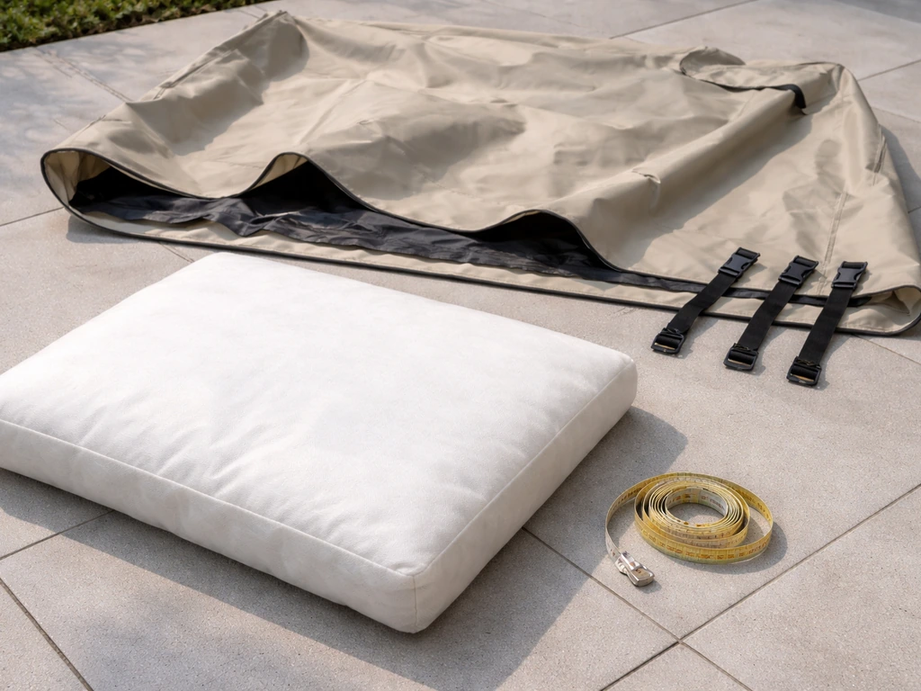 Universal-fit waterproof patio furniture cover laid next to a cushion insert, measuring tape, and closure straps.