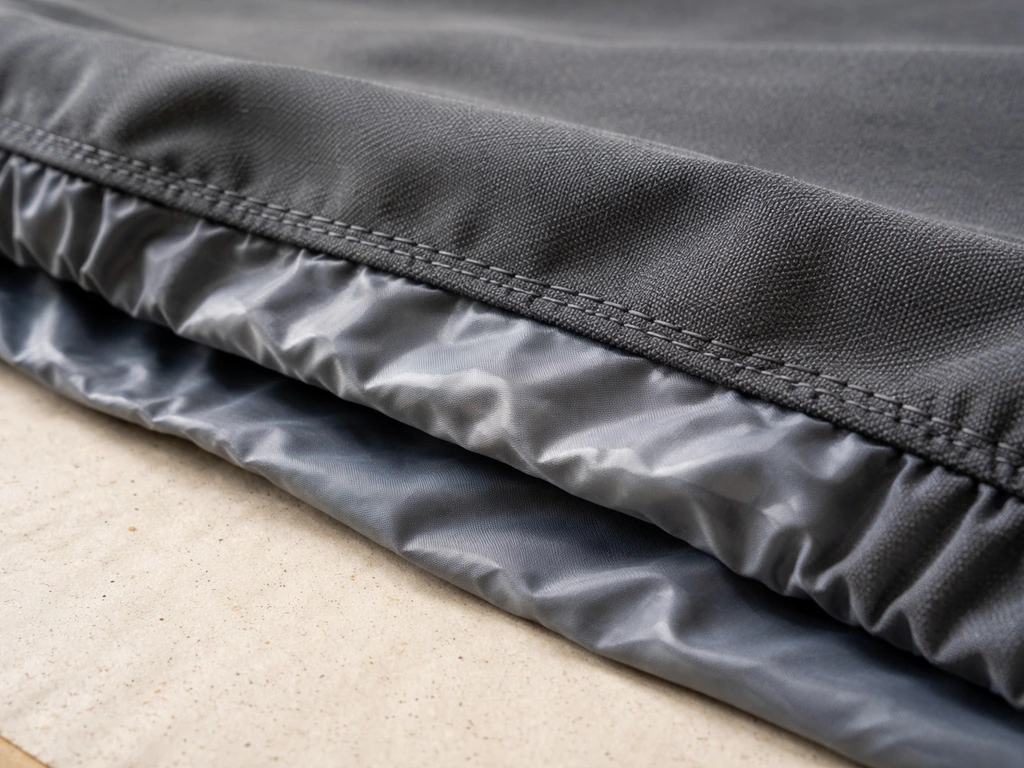 Close-up of a two-layer outdoor cover seam showing outer fabric, waterproof lining, and reinforced stitching.