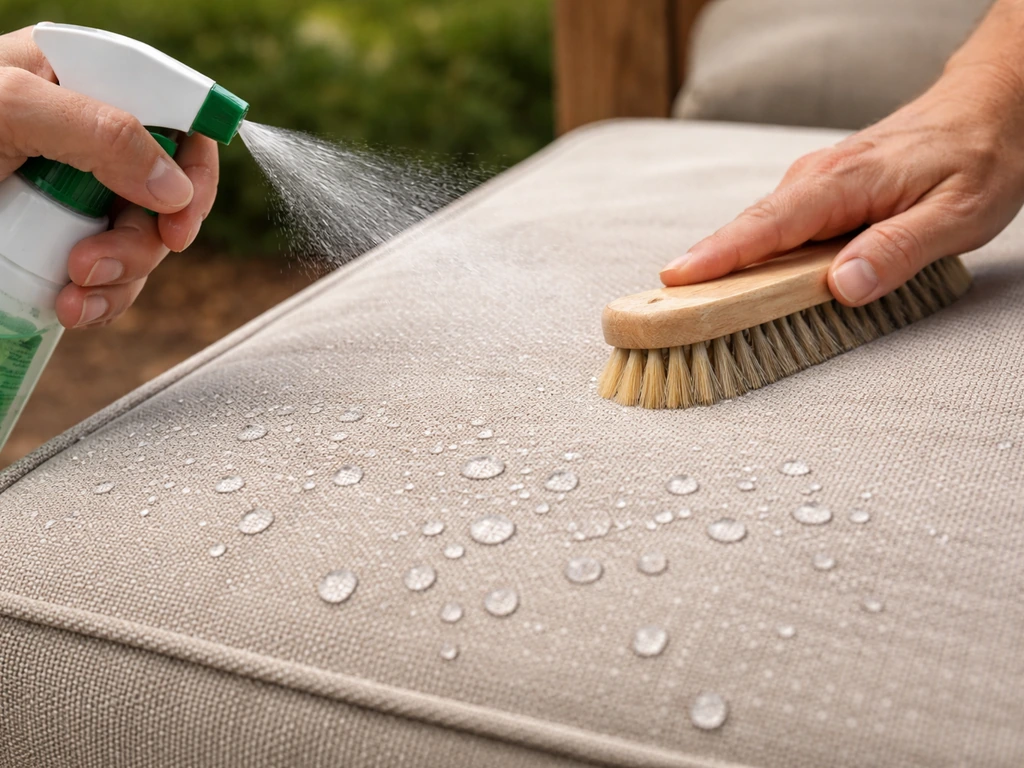 Spray bottle misting a fabric cushion while water beads on the fibers after treatment.