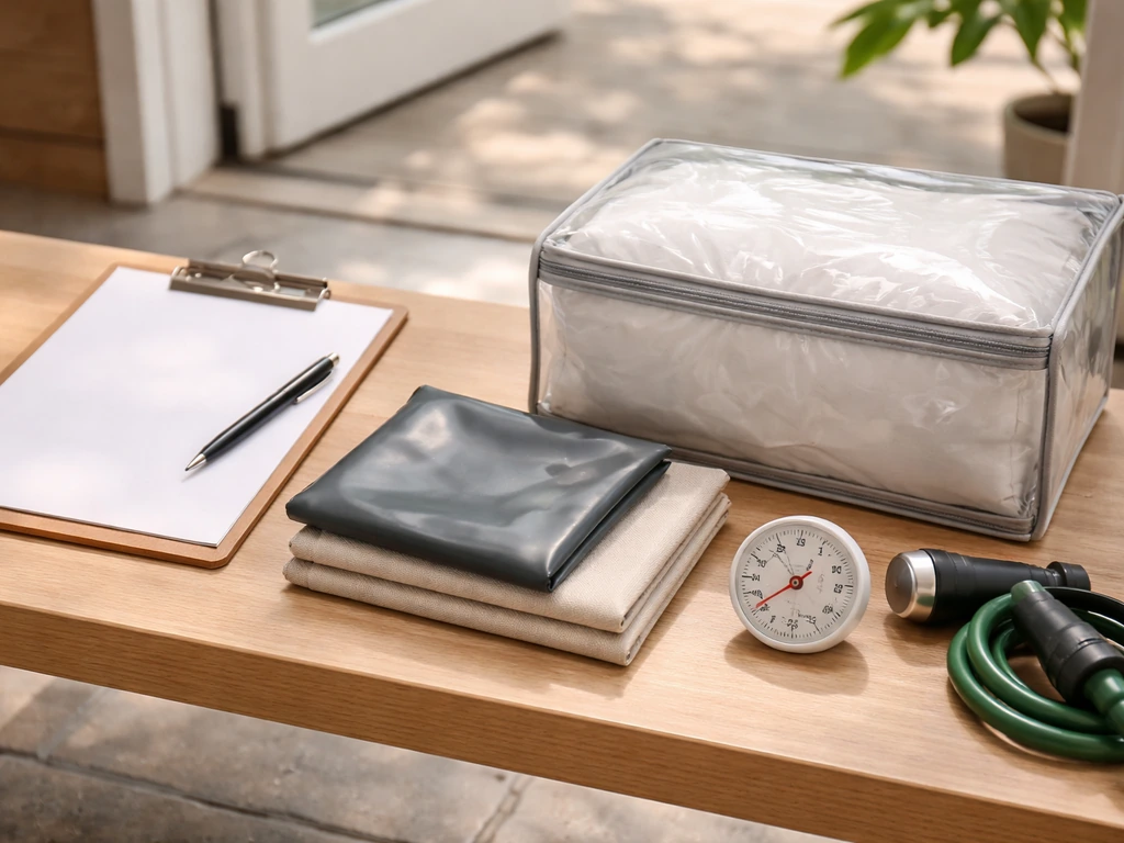 Photo of patio furniture cover fabric swatches and blank checklist supplies on a wooden bench.
