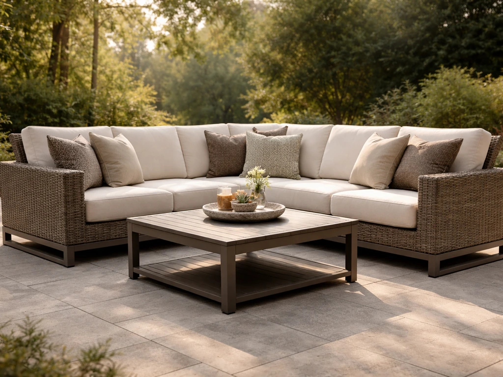 Upscale deep-seating patio sectional with woven details and layered cushions in a quiet outdoor living space.