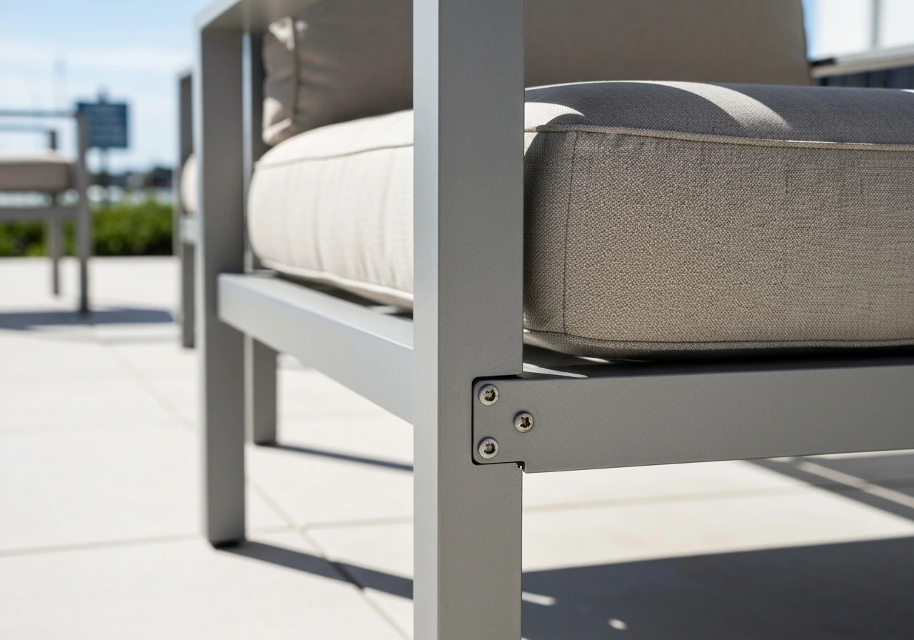 Close-up of a powder-coated aluminum patio seating set with cushions on a bright outdoor patio