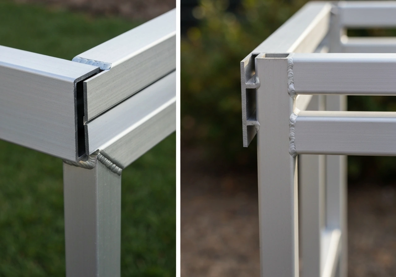 Close-up of a heavy, rigid aluminum patio furniture frame beside a lighter competitor-style frame detail