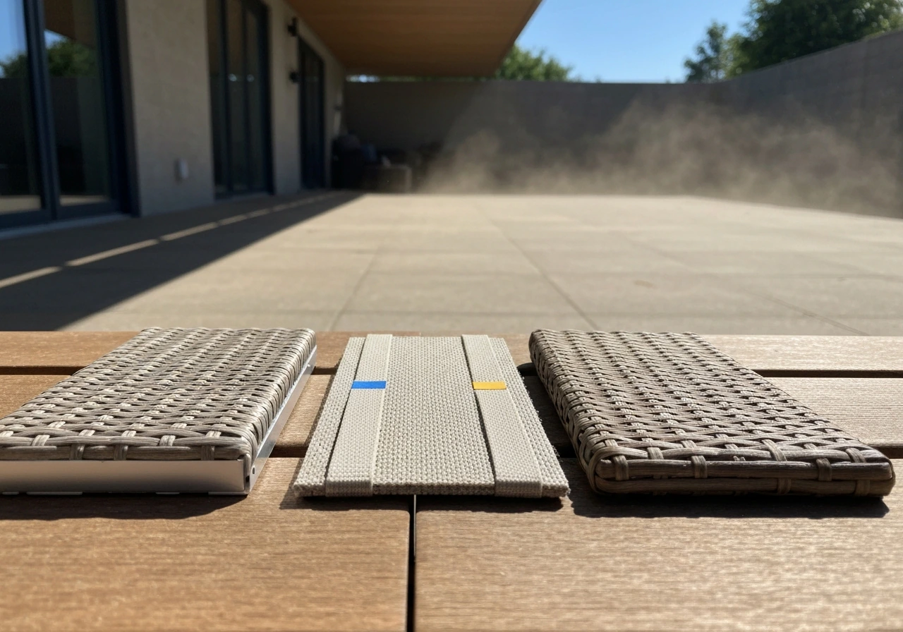 Three outdoor furniture material samples in sheltered and sun-exposed light showing weathering differences.