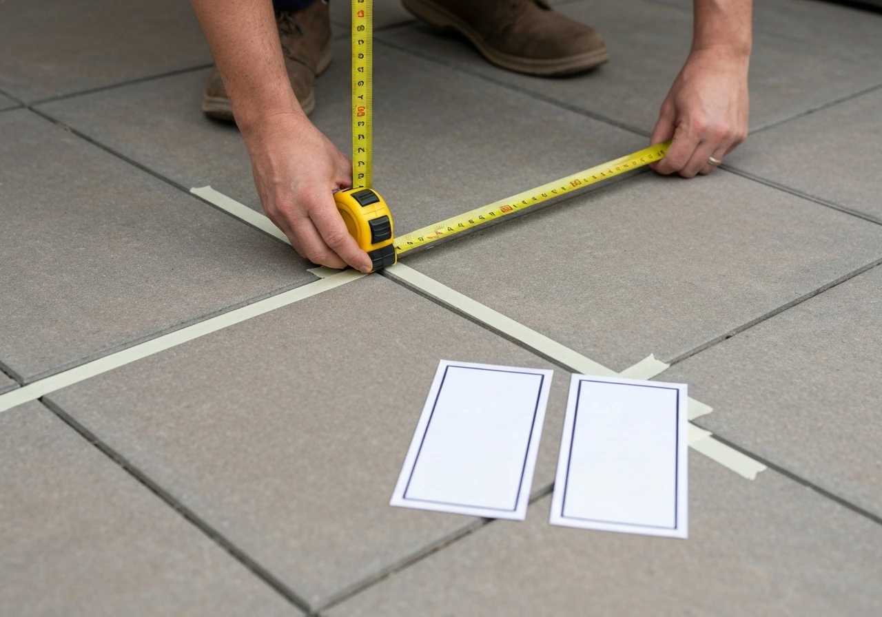 Hands measuring an outdoor patio with a tape measure and alignment marks, with blank dimension cards on the ground.