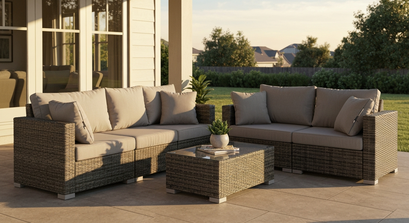 4–6 piece PE rattan patio conversation set with gray zippered cushions on a covered patio at sunset, showing cushion thickness and powder-coated aluminum frames.