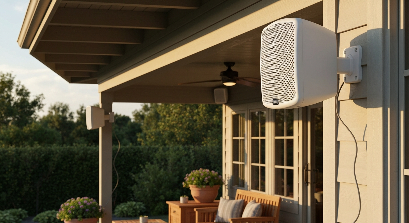 Pair of white outdoor Polk Patio 200 speakers mounted under a covered pergola, angled toward a patio seating area; visible aluminum grilles and swivel brackets, warm natural lighting.
