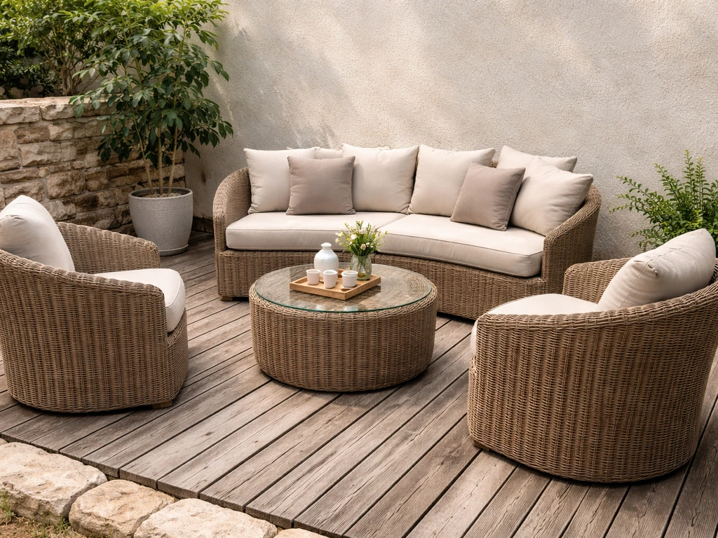 Inviting rattan patio lounge set on a weathered outdoor patio with cushions and a small coffee table