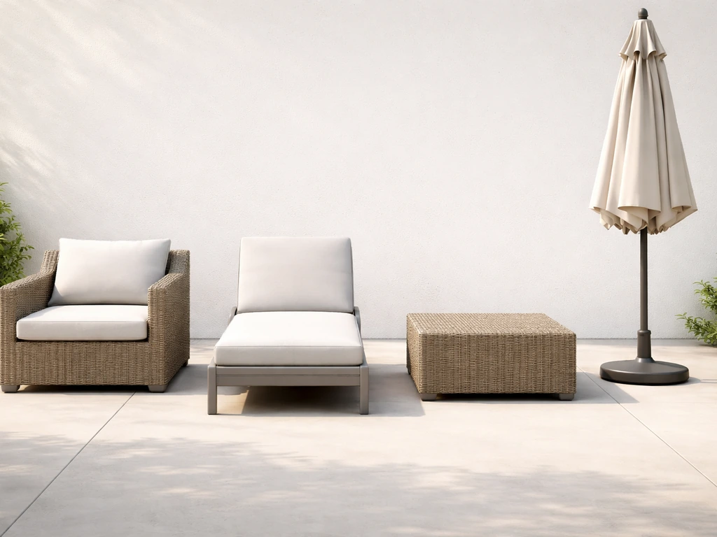 Side-by-side close-up of outdoor furniture pieces: conversation set chair, chaise lounger, ottoman, and patio umbrella.
