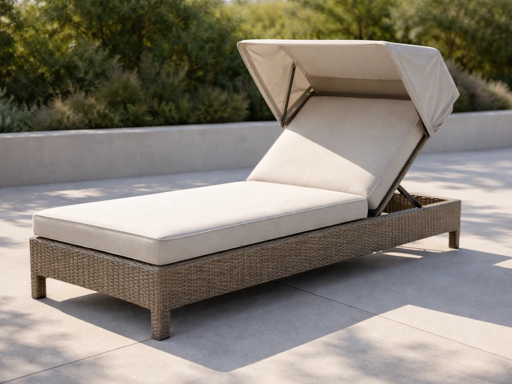 Adjustable outdoor chaise lounger with canopy shade reclined on a patio surface
