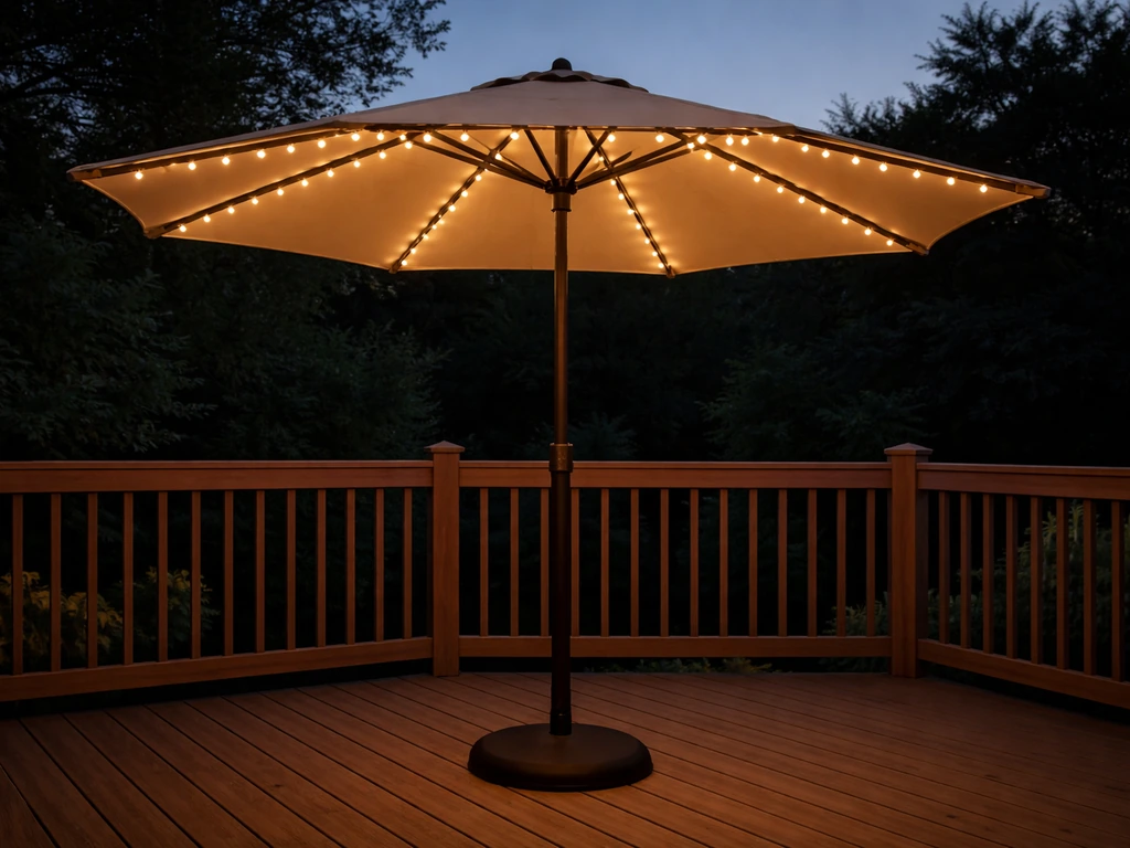 Solar-powered patio umbrella with glowing LED lights on a deck at dusk