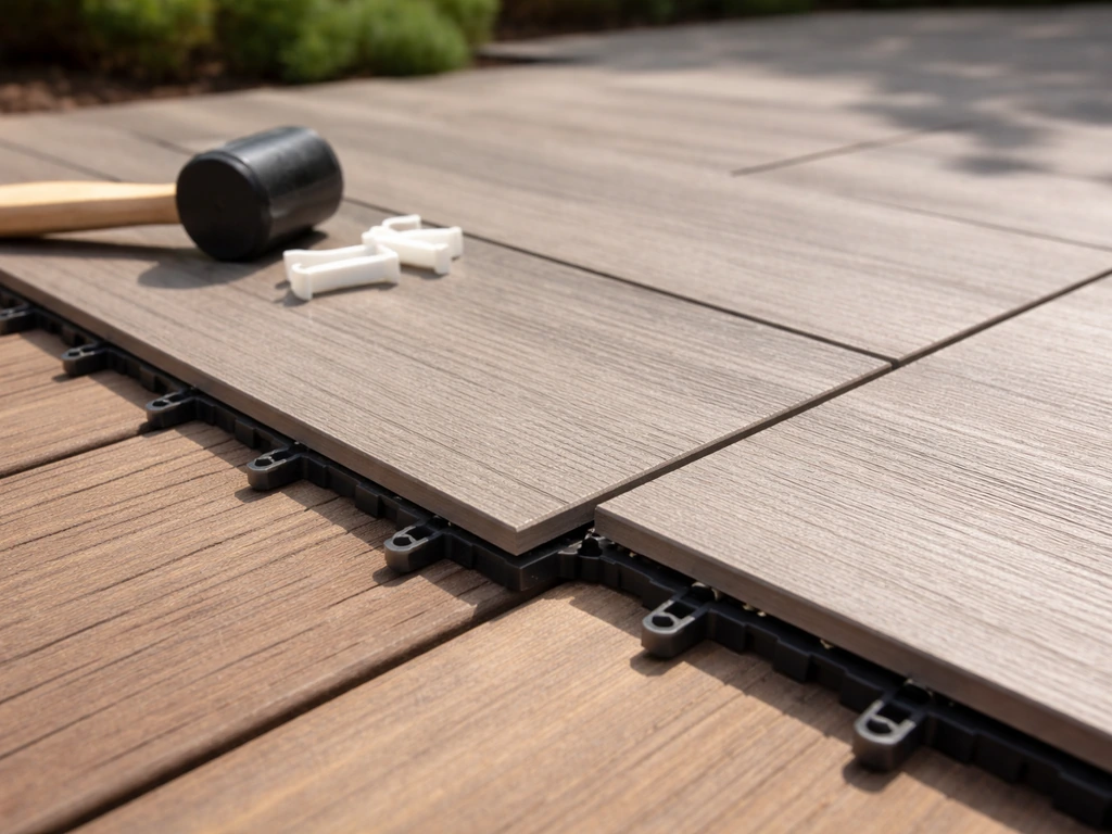 Close-up of interlocking deck tiles being clicked into place with installation accessories nearby on a patio.