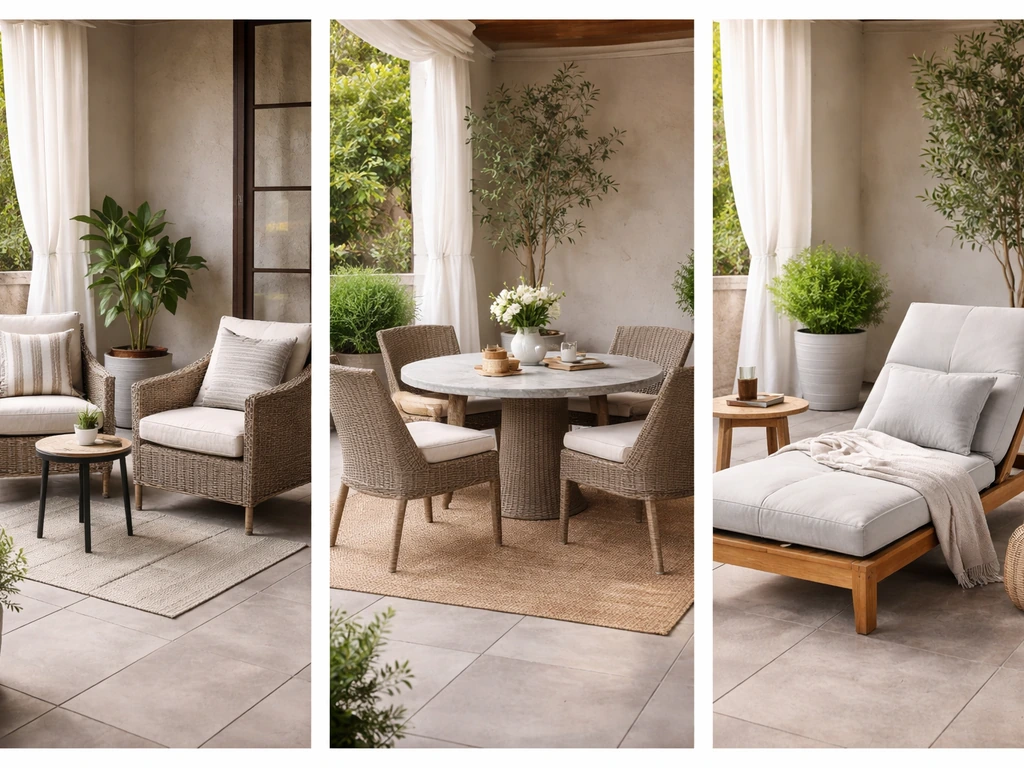 Three patio furniture sets—conversation, dining, and lounge—on a realistic outdoor patio in natural light.