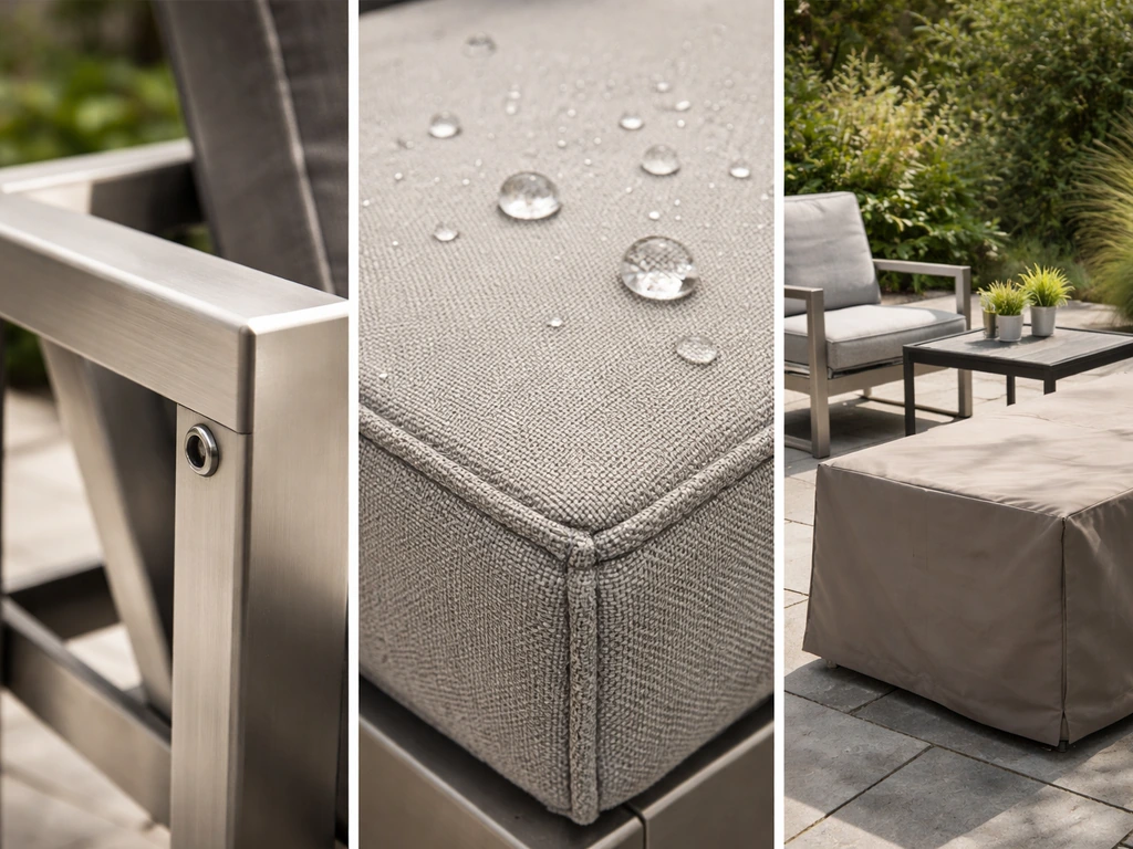 Collage of three outdoor furniture close-ups: frame detail, water-beaded cushion fabric, and patio set.