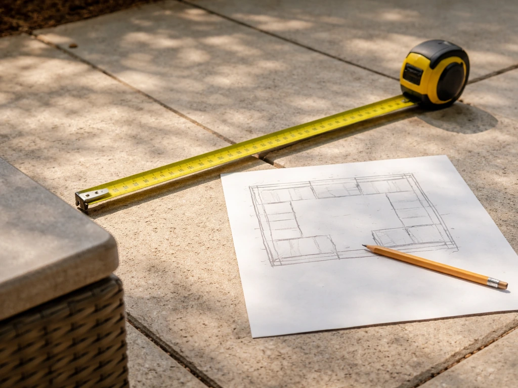 Close-up of a tape measure and simple patio layout sketch on paper for measuring furniture fit.
