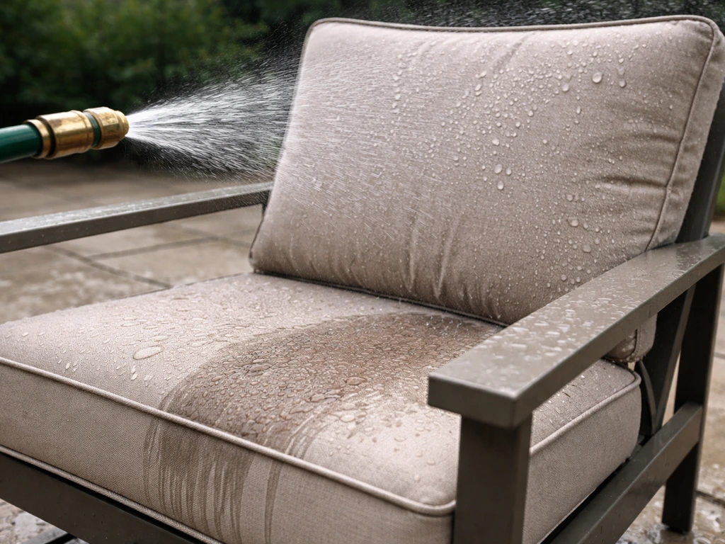 Outdoor chair and cushion with hose spray, showing water beading on fabric and absorption differences.
