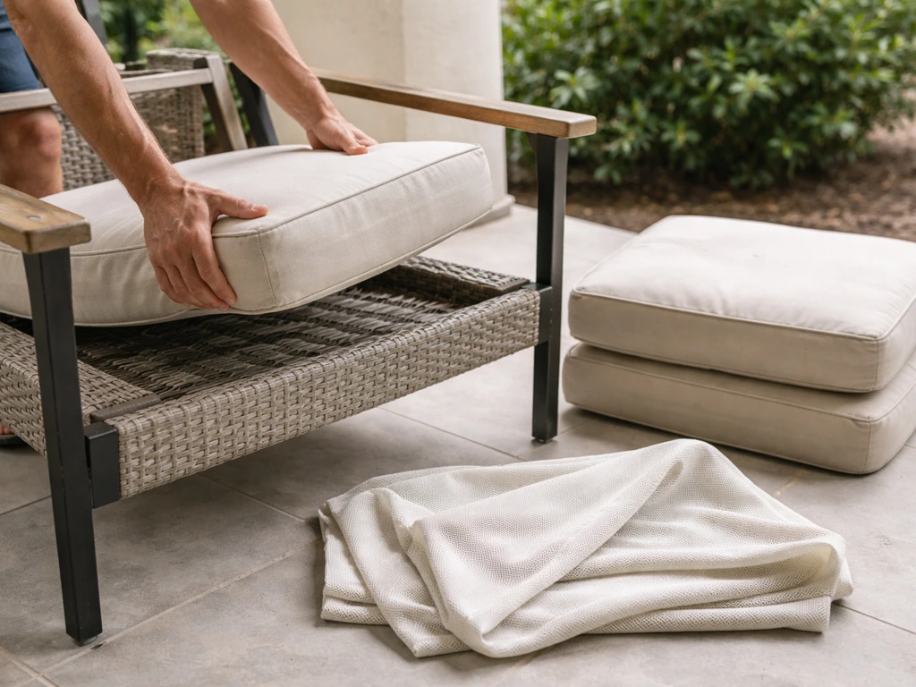Hands lift outdoor cushions off a chair frame before placing a breathable cover.
