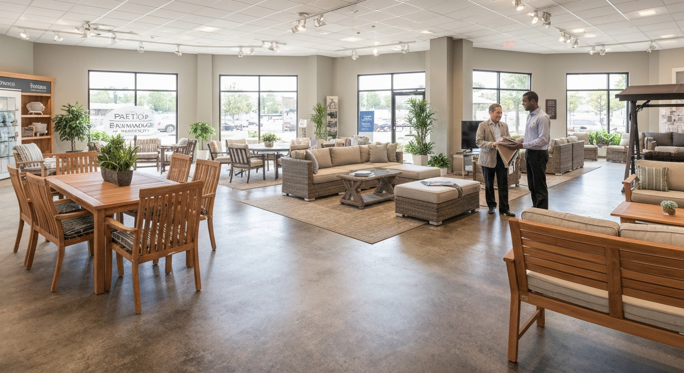 Upscale outdoor furniture showroom with dining and deep-seating displays, salesperson and customers reviewing fabric swatches.