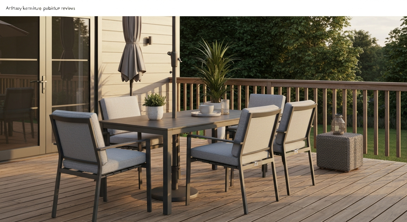 Aluminium-framed 5-piece patio dining set styled on a wooden deck at golden hour, with light-grey cushions and neutral decor.