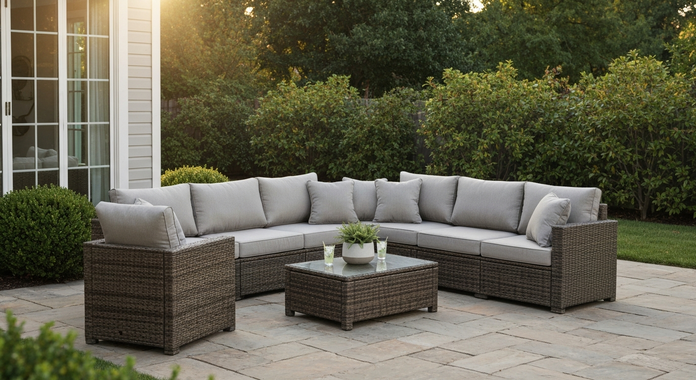 Inviting backyard patio with a 4-piece PE wicker conversation set on a stone patio, neutral cushions, coffee table and soft morning light.