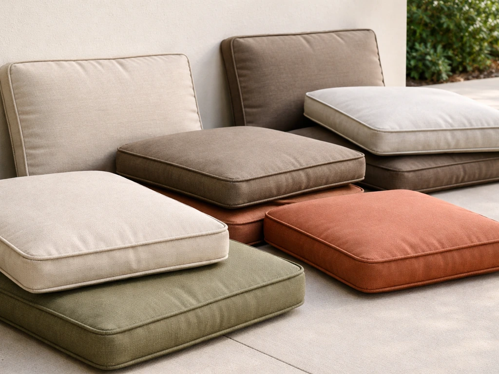 Outdoor patio seat cushions in different sizes and colors laid on a patio surface for fit and comfort review.