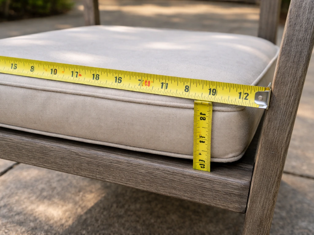 Close-up of a flexible tape measure measuring an outdoor chair seat opening for width, length, and thickness.