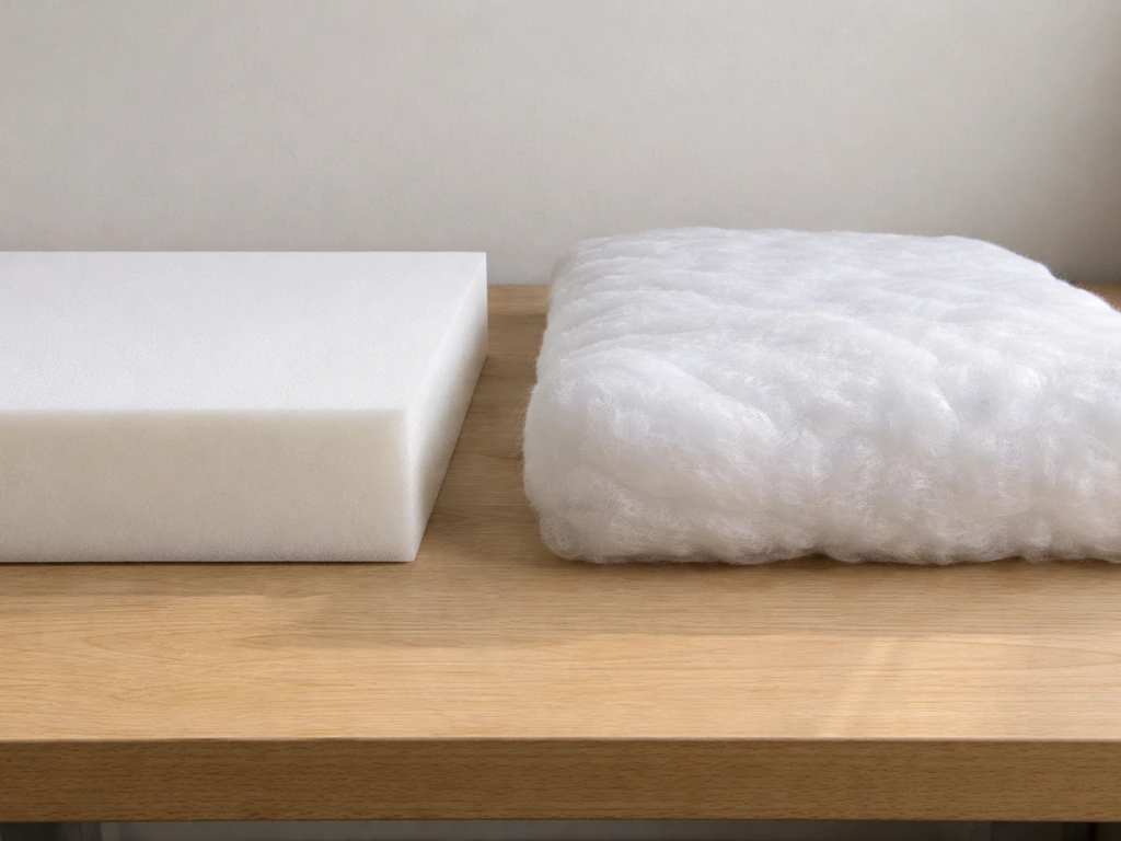 Two cushion cores side-by-side on a wood surface showing firm foam thickness versus softer batting.